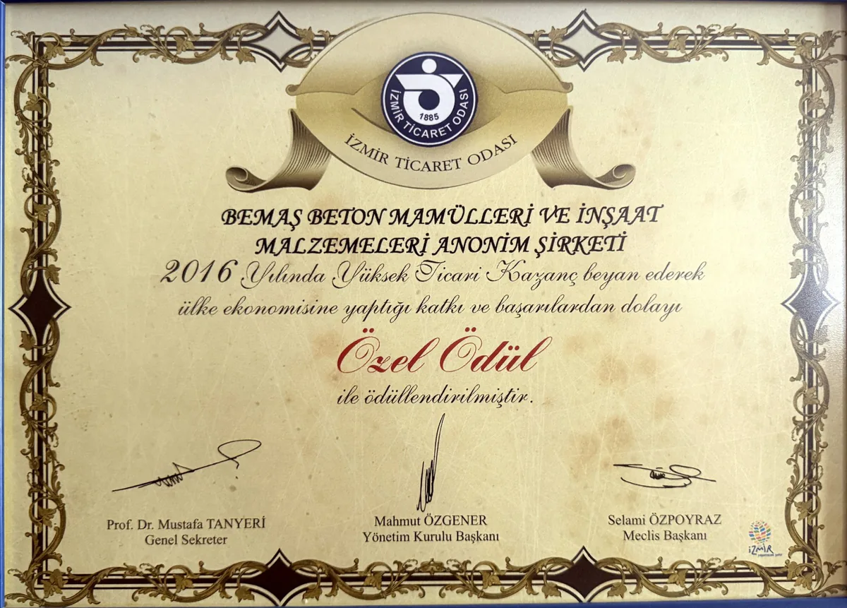 2016 İzmir Ticaret Odası özel ödül belgesi