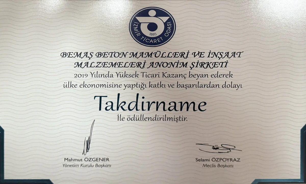 2019 İzmir Ticaret Odası takdirname belgesi