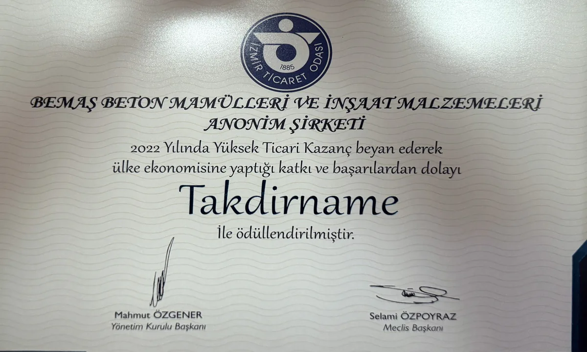 2022 İzmir Ticaret Odası takdirname belgesi